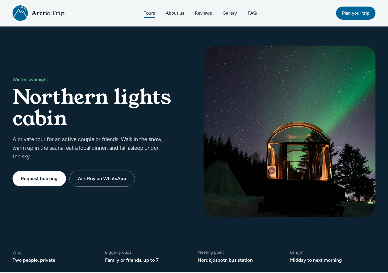 Turside for Northern lights cabin, med en glasshytte under nordlyset og fakta om hvem turen passer for, gruppestørrelse, møtested og lengde