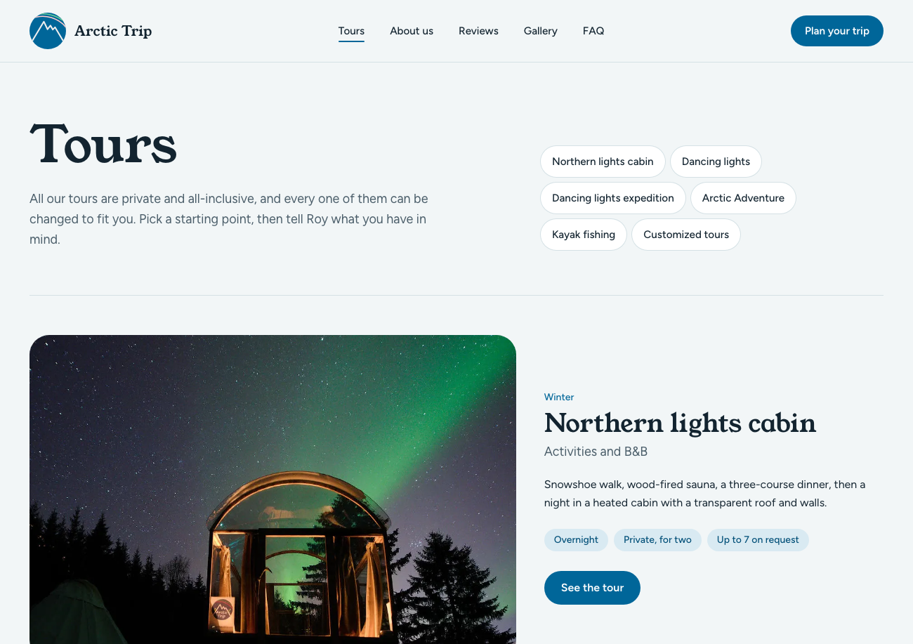 Turoversikten, med snarveier til hver tur og et kort for Northern lights cabin med sesong, lengde og gruppestørrelse