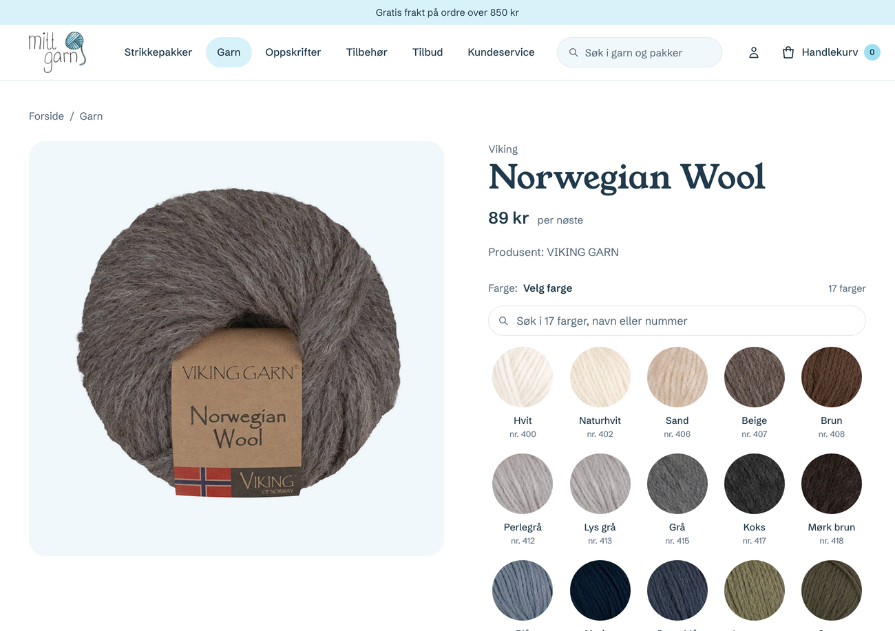 Produktside for Viking Norwegian Wool, med 17 farger vist som nøster og et søkefelt for farger