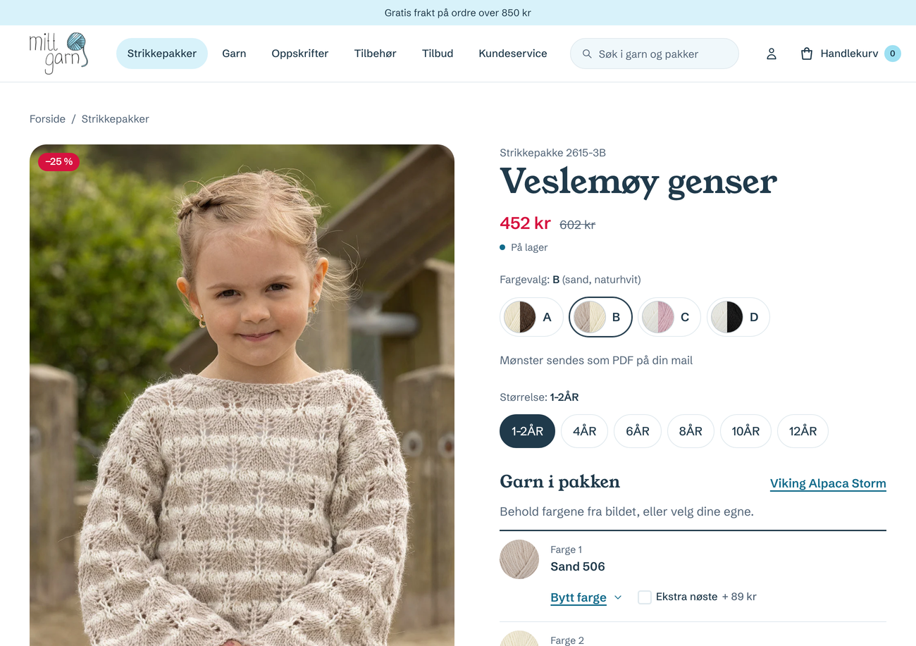 Produktside for strikkepakken Veslemøy genser, med fargevalg A til D, størrelser og garnet i pakken