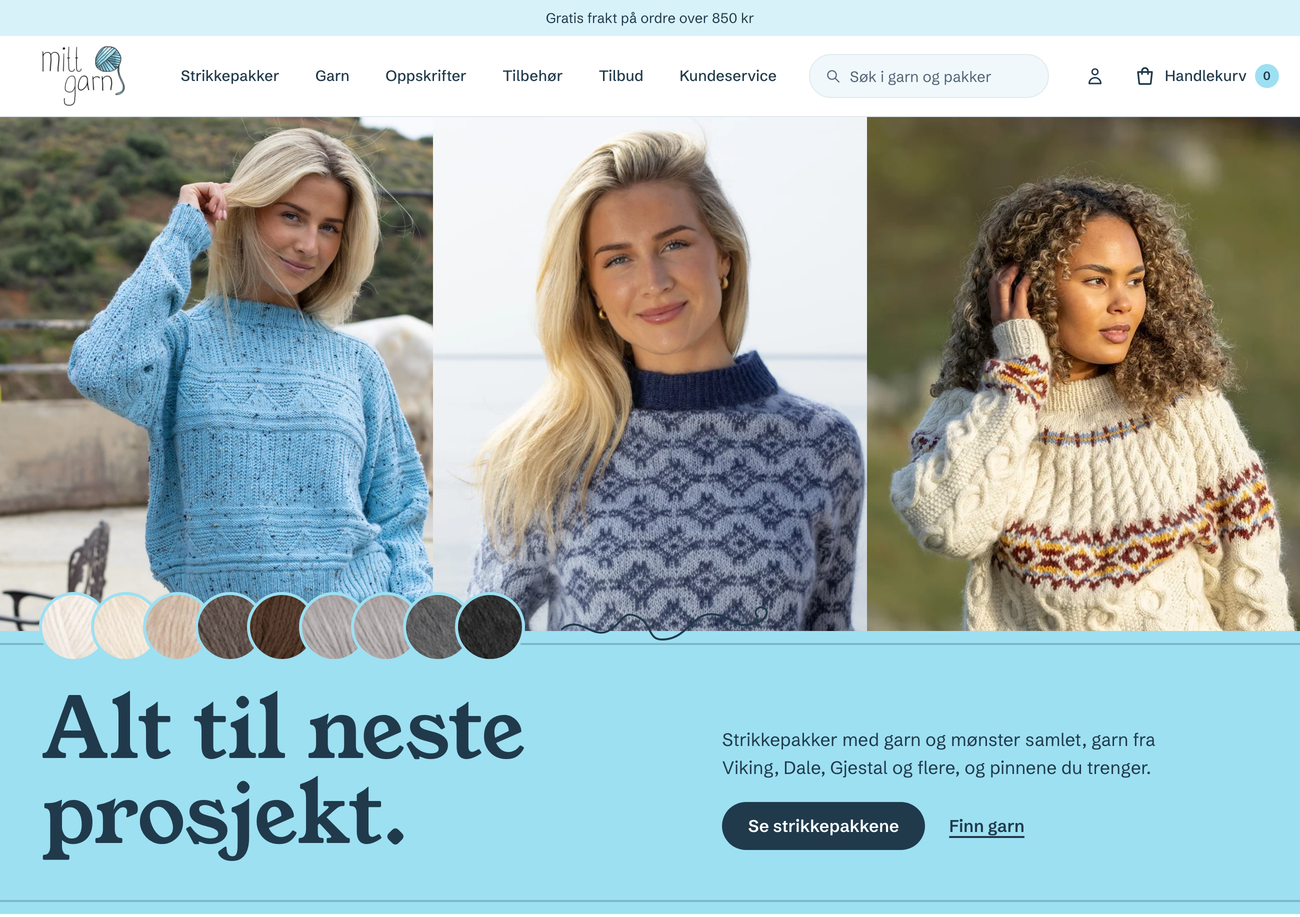 Forsiden til Mittgarn, med tre bilder av strikkede gensere over et blått bånd med garnfarger