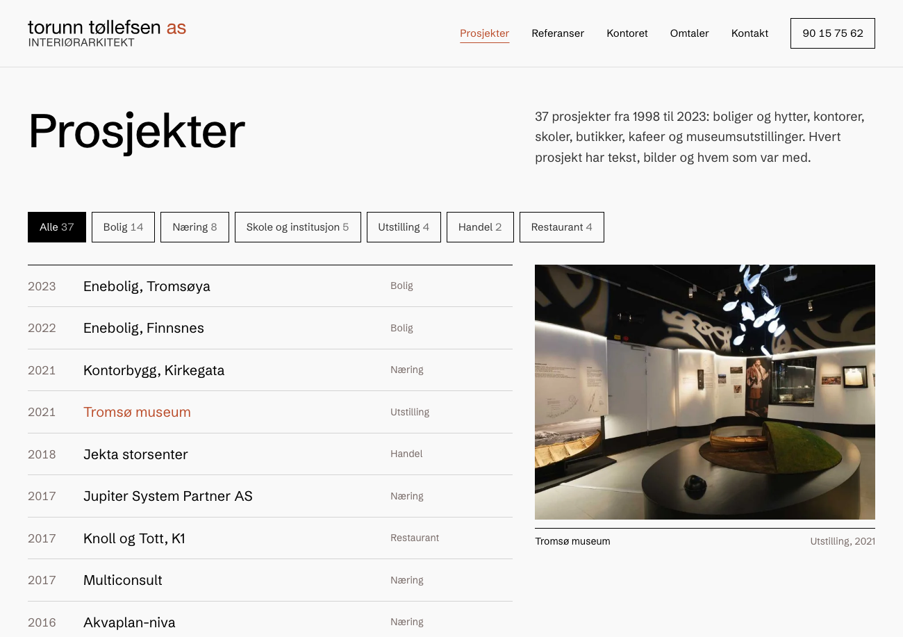 Prosjektoversikten, med filterknapper for hver prosjekttype, en liste over prosjekter og et bilde av Tromsø museum ved siden av